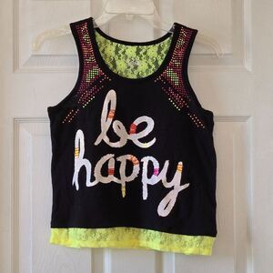 Justice Girls Be Happy Yellow Lace Hem Black Tank Top Sz 14
